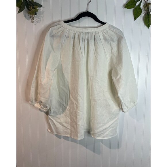Nine West White Linen Blend Peasant Blouse With Elastic Cuffs & Tie Neck Size L - Picture 2 of 13